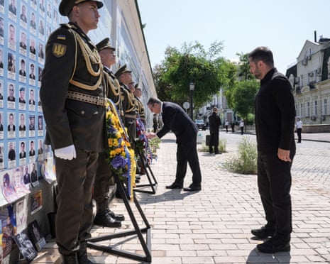 Britain’s prime minister Keir Starmer and Ukraine’s president Volodymyr Zelenskyy pay their respects during a wreath laying ceremony in front of the Wall of Remembrance of the Fallen for Ukraine on Mykhailivs’ka Square, in Kyiv, Ukraine.