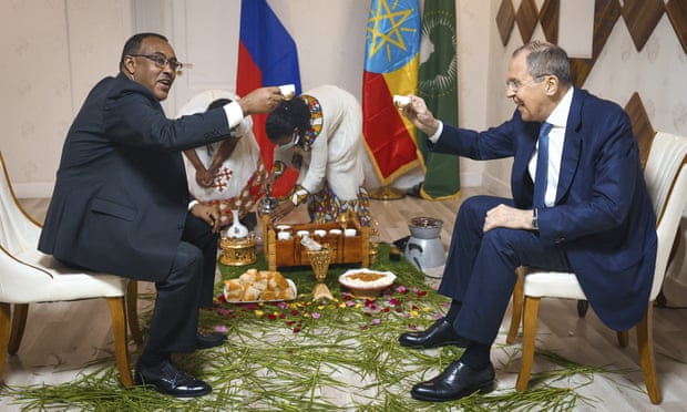 Sergey Lavrov, right, meets Ethiopia’s deputy prime minister and foreign minister Demeke Mekonnen Hassen in Addis Ababa.