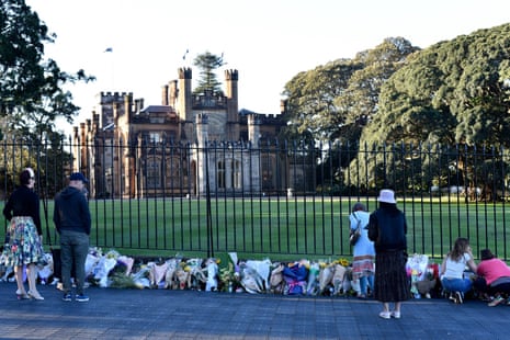 Mourners and well-wishers leave floral tributes outside Government House in Sydney.