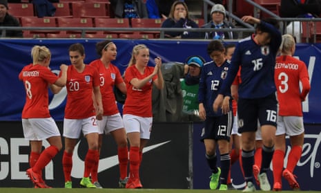 Karen Carney (second left) is congratulated by her temamates after doubling England’s lead.