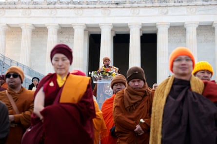 Venerable Bhikkhu Pannakara, leader of the group of Buddhist monks walking from Texas to Washington, speaks near the Lincoln Memorial.