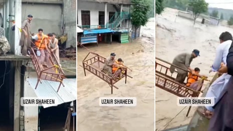 Pakistan flood victims rescued on bed frame pulled over raging waters – video