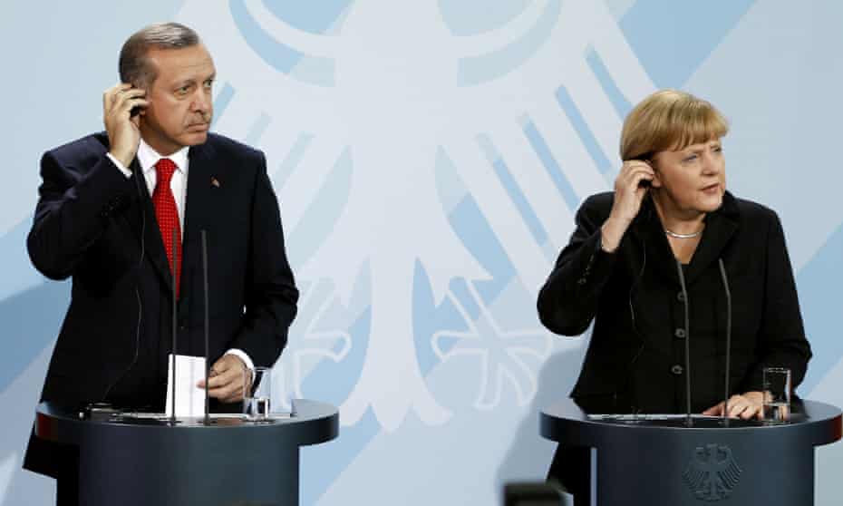 Recep Tayyip Erdoğan and Angela Merkel during a press conference in 2012.