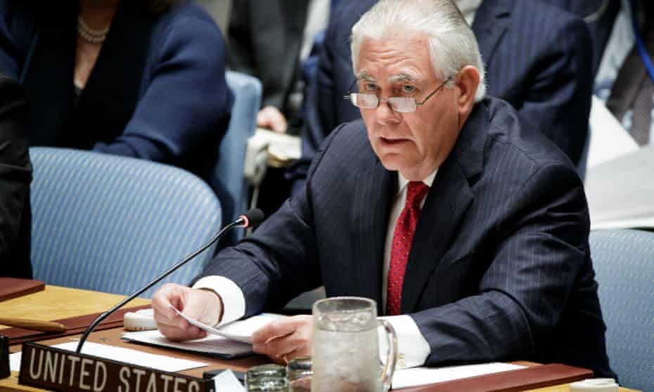 Rex Tillerson, the US secretary of state, addresses an United Nations security council meeting about the proliferation of nuclear weapons in North Korea on Friday.