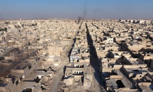 An aerial view of the buildings destroyed by the regime forces in Tariq al-Bab