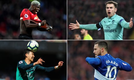 (Clockwise from bottom right) Eden Hazard, Son Heung-min and Paul Pogba are all involved as the top four race goes to the wire, while Arsenal hope for a swift return from injury for Aaron Ramsey (top right).