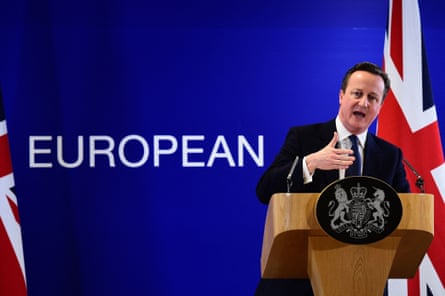 David Cameron standing behind a podium, in front of a UK flag and banner saying 'European'.