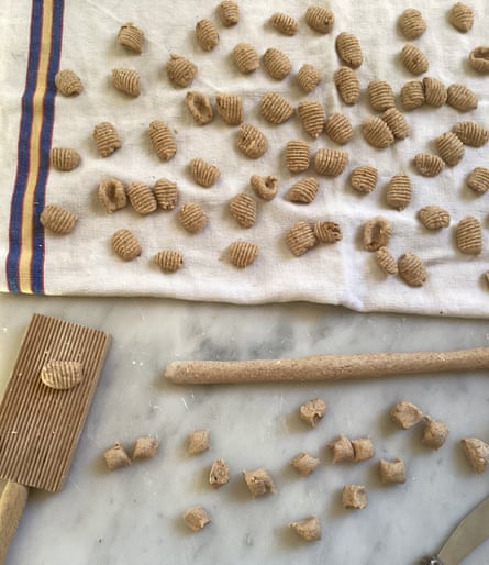 Rachel Roddy’s prep shots for bread pasta, featuring tiny brown bits of gnocchi called pisarei.