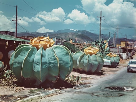 Green pumpkin-shaped objects beside road