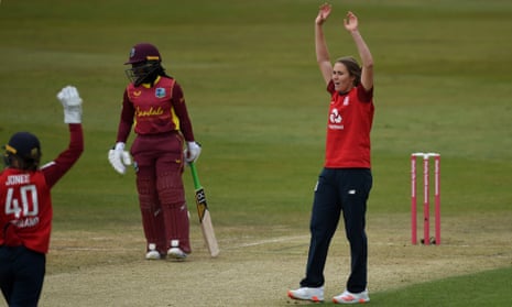 Natalie Sciver of England celebrates dismissing Lee-Ann Kirby of the West Indies.