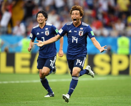 Takashi Inui celebrates scoring Japan’s second goal to make it 2-0, before Belgium’s amazing fight back to win the game 3-2.