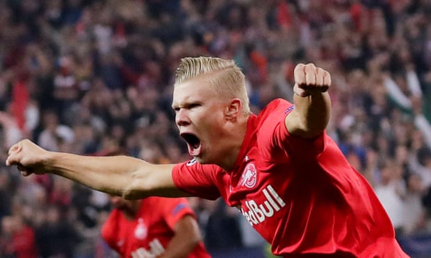Erling Braut Haaland celebrates scoring Red Bull Salzburg’s first goal in the second minute of his first Champions League game.