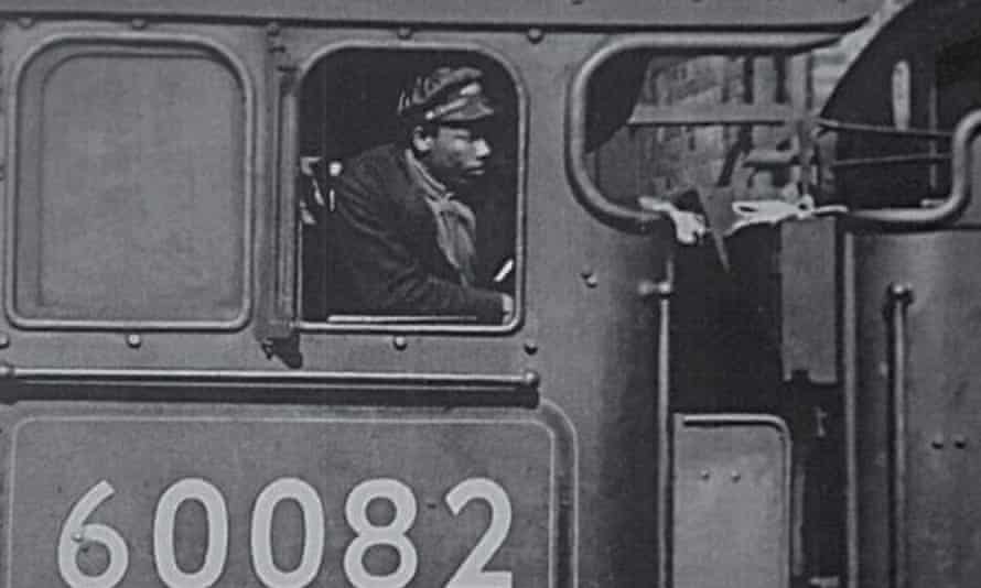 Black and achromatic  representation   of Wilston Samuel Jackson driving celebrated  locomotive Flying Scotsman