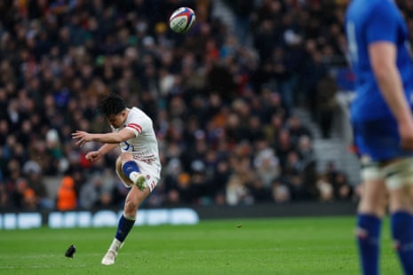 England's Marcus Smith kicks a penalty in the first half.