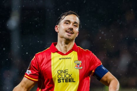 Go Ahead Eagles captain Mats Deijl allows himself a smile after his side had come from behind to beat profligate Aston Villa on a filthy night at the Stadion De Adelaarshorst.