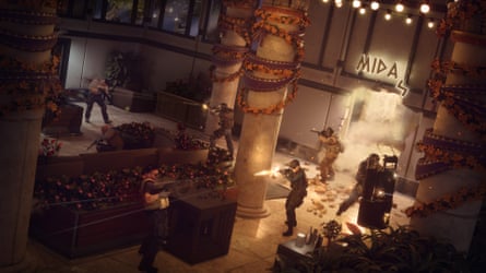 A shady image of figures fighting, surrounded by pillars