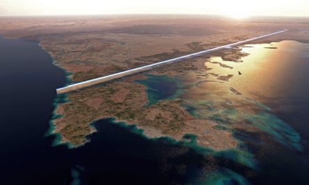 A promotional image of Saudi Arabia’s Neom shows the design plan for the parallel structures, known collectively as the Line.