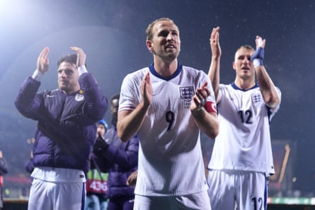 Harry Kane leads the applause for the England fans after the 5-0 win in Latvia in October