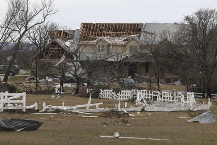 A home after a possible tornado swept through, Tuesday, near Decatur, Texas.