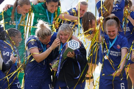 Emma Hayes with the WSL trophy after her final game as Chelsea manager.