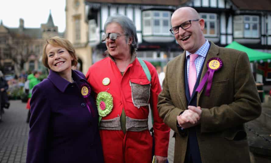 Ukip candidate Victoria Ayling, left, and party leader Paul Nuttall, right, with David Bishop, the candidate for the Bus-Pass Elvis Party
