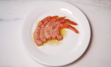 ‘Candy pink, lined up on the plate like commas’: crudite of prawns.