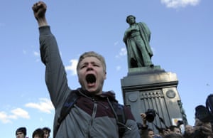 A man shouts anti-government slogans in Moscow, Russia as thousands of people crowded into the city’s Pushkin Square.