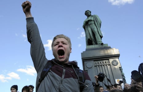 A man shouts anti-government slogans in Moscow