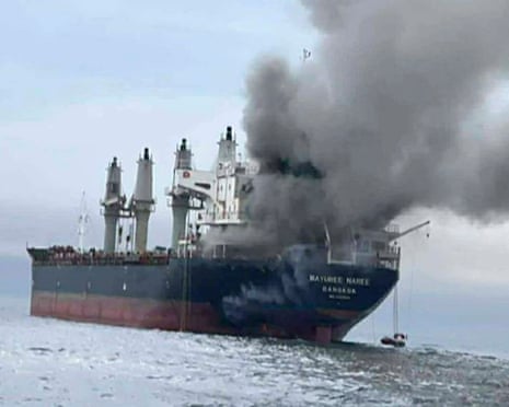 The Thai‑flagged cargo ship Mayuree Naree on fire after being hit by Iranian missiles in the strait of Hormuz The Thai‑flagged cargo ship Mayuree Naree on fire after being hit by Iranian missiles in the strait of Hormuz