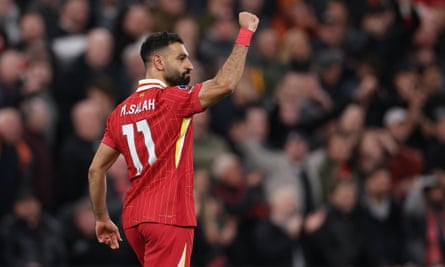 Premier League - Liverpool vs Manchester City<br>epa11752112 Mohamed Salah of Liverpool celebrates scoring the 2-0 goal during the English Premier League match between Liverpool and Manchester City in Liverpool, Britain, 01 December 2024. EPA/ADAM VAUGHAN EDITORIAL USE ONLY. No use with unauthorized audio, video, data, fixture lists, club/league logos, 'live' services or NFTs. Online in-match use limited to 120 images, no video emulation. No use in betting, games or single club/league/player publications.