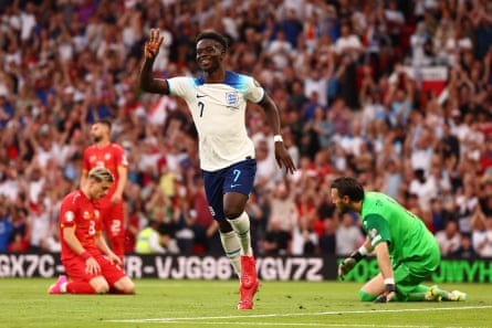 Bukayo Saka celebrates after scoring England’s fifth goal against North Macedonia in June