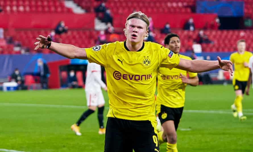 Dortmund S Erling Haaland Scores Twice To Leave Sevilla With Uphill Task Champions League The Guardian