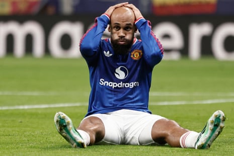 Manchester United’s Bryan Mbeumo rues his miss.