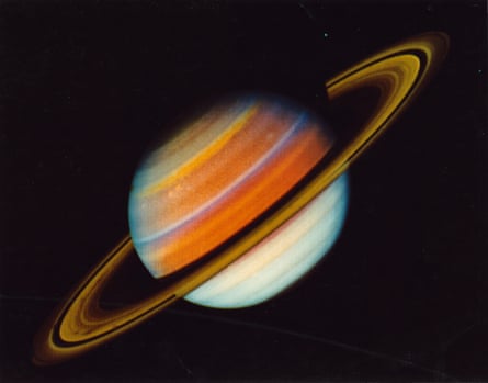 A colour enhanced photo of Saturn taken from Nasa Voyager II, 12 July 1981.