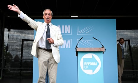 Reform UK leader Nigel Farage speaks during an election campaign event at Trago Mills on 24 June 2024 in Newton Abbot, England.