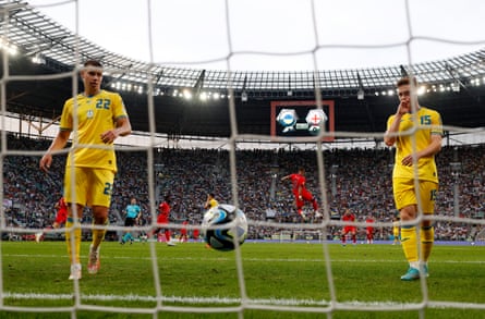 Kyle Walker celebrates scoring in England’s 1-1 draw against Ukraine.