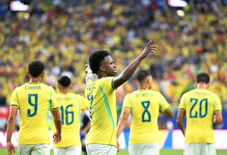 Vinicius Junior celebrates after scoring against Scotland in Miami.