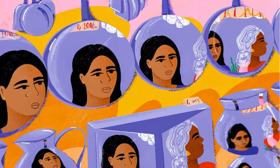 An illustration showing a young woman and her grandmother's face reflected in kitchenware