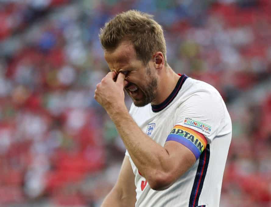 England’s Harry Kane reacts after missing a chance to score.