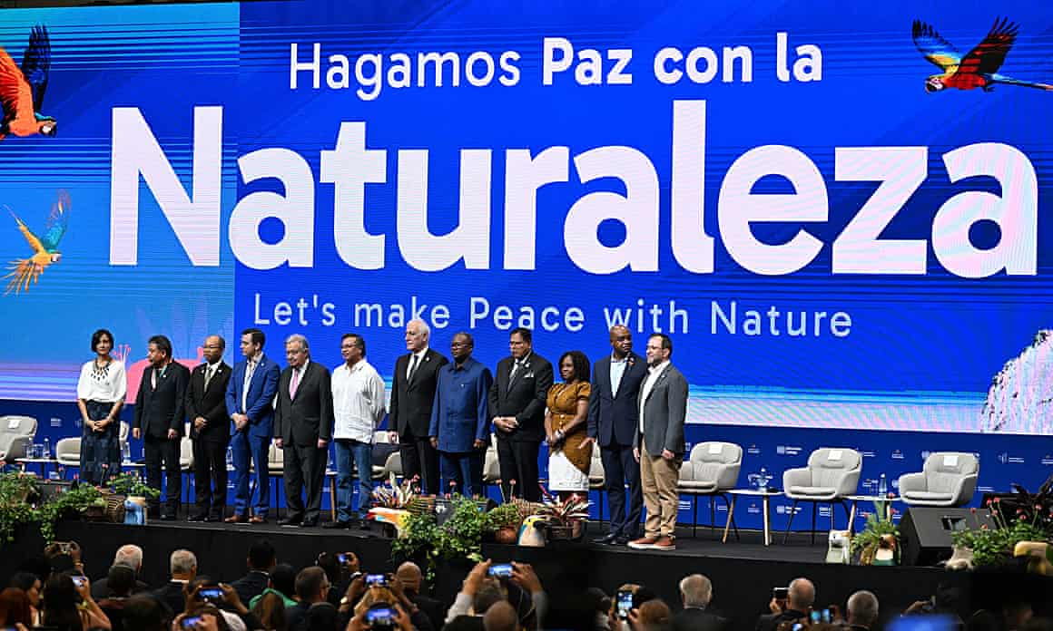 The Colombian president, Gustavo Petro, (centre, in white), and the UN secretary general, António Guterres, (on his right), join delegates at Cop16 in Cali, Colombia.
