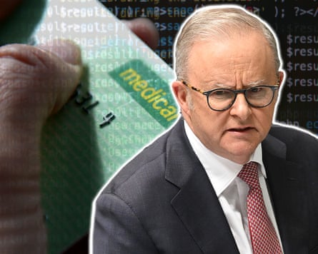 A composite created on Thursday, September 24, 2026, featuring an image of a Medicare card with code overlaid and Prime Minister Anthony Albanese, following revelations that an OpenAI agent gained unauthorised access to the Medicare Statistics Reporting Service in June. (AAP Image/Susie Dodds / Pictures: Tracey Nearmy, Lukas Coch and Dan Himbrechts) NO ARCHIVING