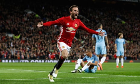 Manchester United’s Juan Mata celebrates scoring the winner in a match notable for Manchester City’s failure to register a shot on target.