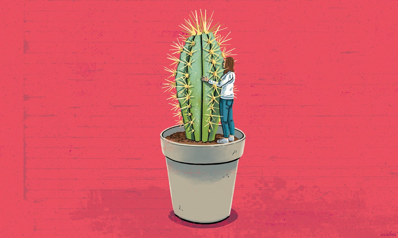 An illustration of a woman hugging a giant cactus