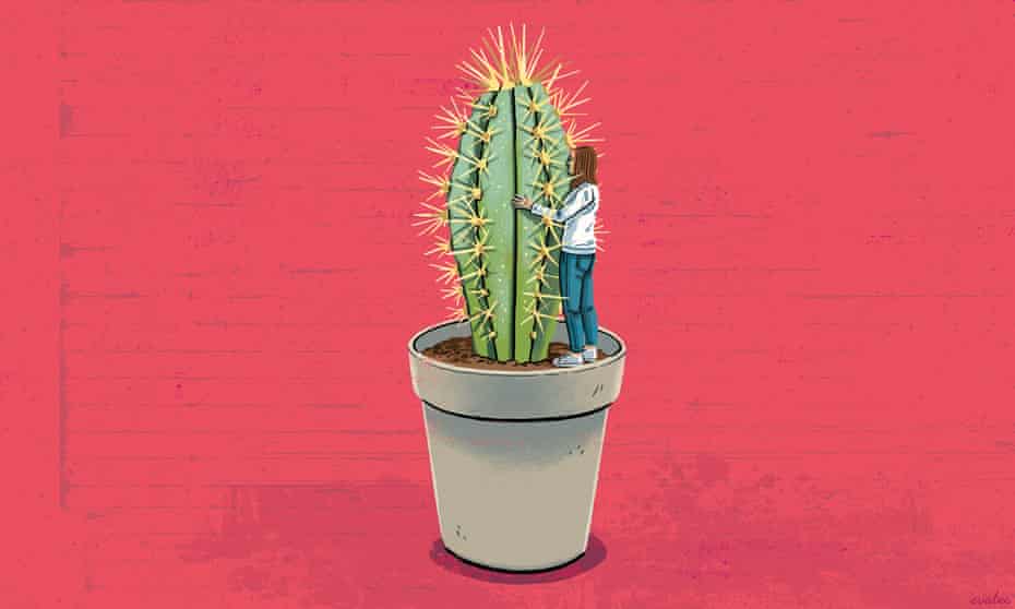 An illustration of a woman hugging a giant cactus