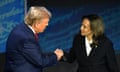 Kamala Harris and Donald Trump shake hands on stage at the presidential debate in Philadelphia on 10 September 2024.