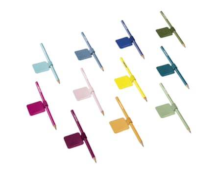 A selection of 11 Leuchtturm1917 pen loops, each a different colour with a pencil held in the loop.
