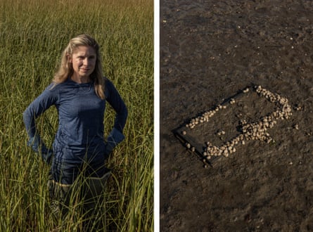 A woman in the grass next to a baby oyster around a box