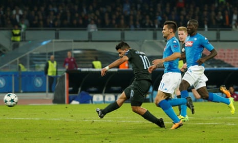 Manchester City’s Sergio Aguero scores their third goal.