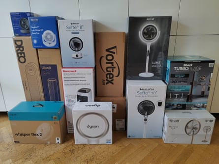 A selection of boxed and packaged fans