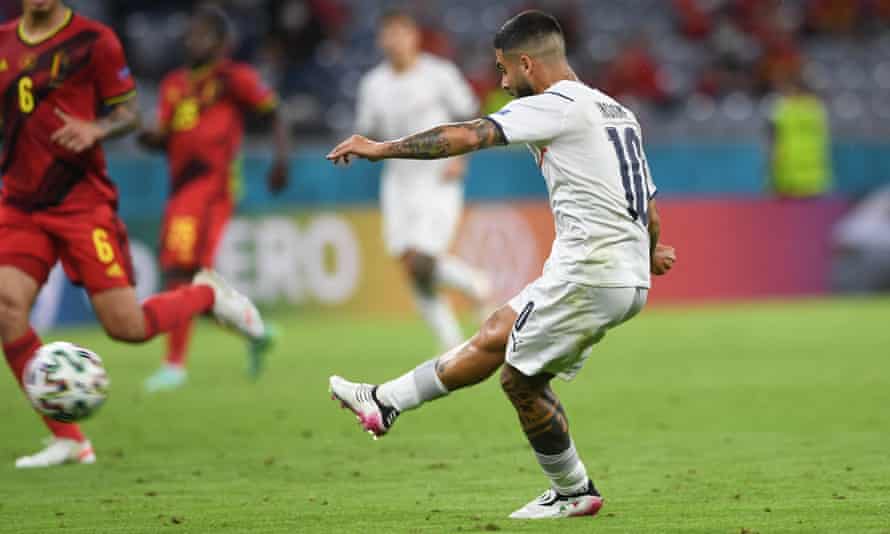 Lorenzo Insigne scores Italy’s second goal against Belgium.